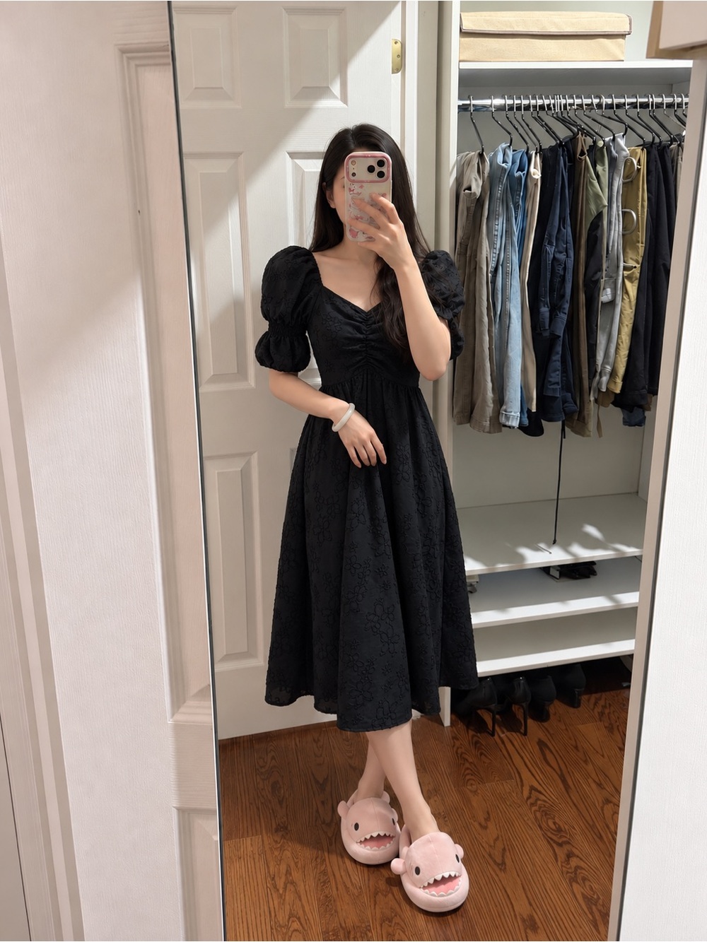 Women's Black Puff-Sleeve Midi Dress with Ruched Bodice